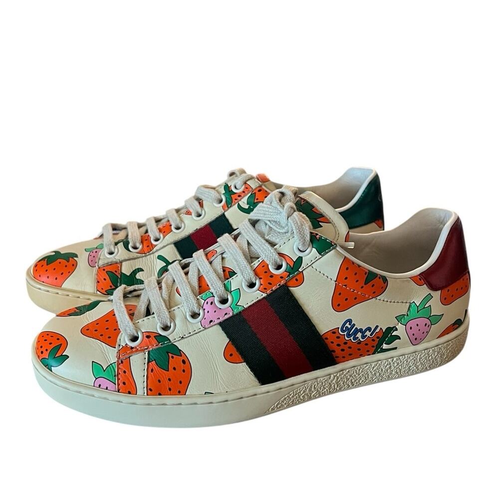 Gucci Ace Strawberry Print Leather Sneakers Low Top Web Stripe EU 37 US 7 - Picture 2 of 14